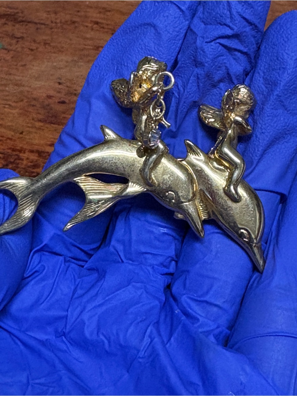 Kirk’s Folly Vintage Angels Riding Dolphins Brooch pin with Aura Rhinestone.